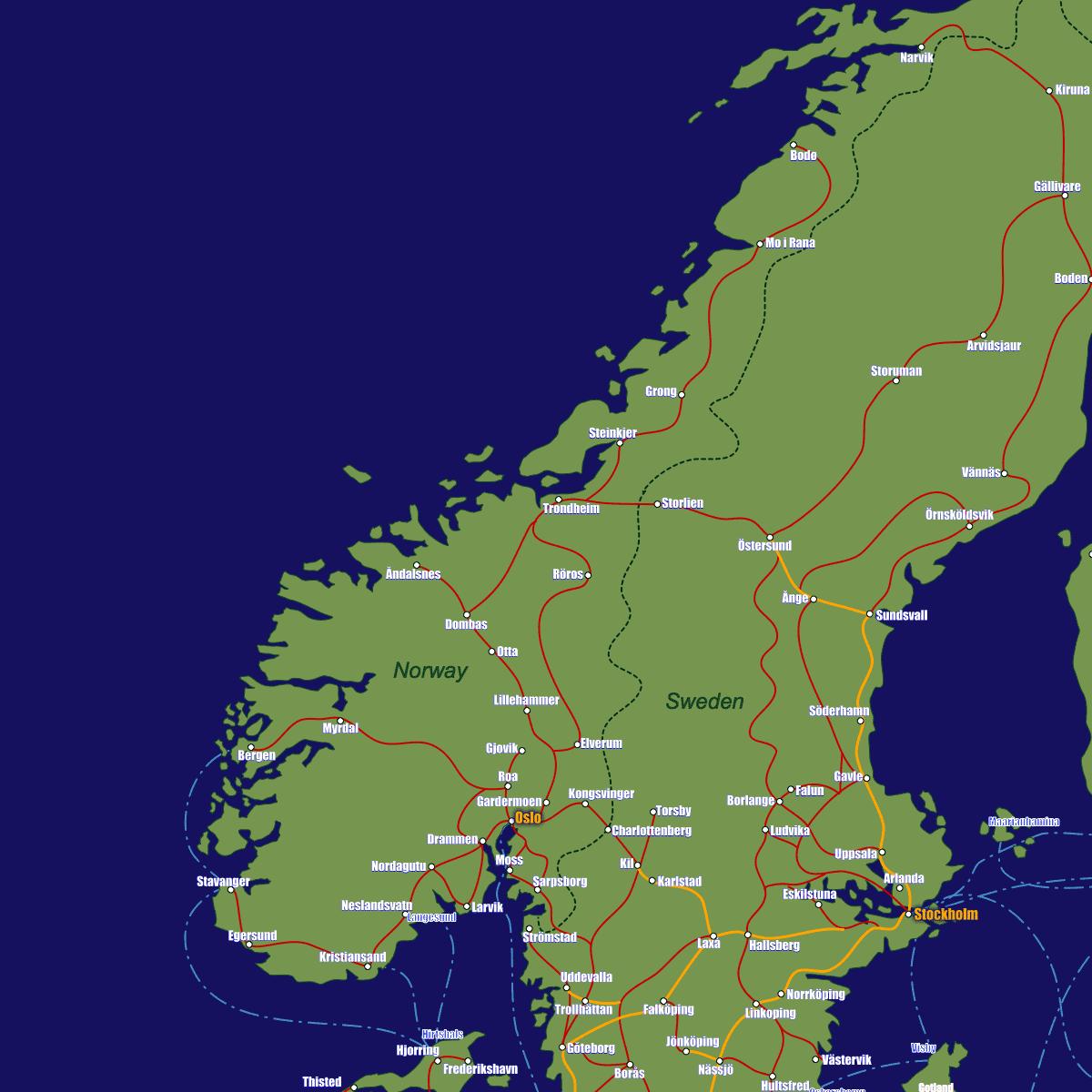 Kartta Norjan juna reittejä - Kartta Norjan juna reitit (Pohjois-Eurooppa -  Eurooppa)
