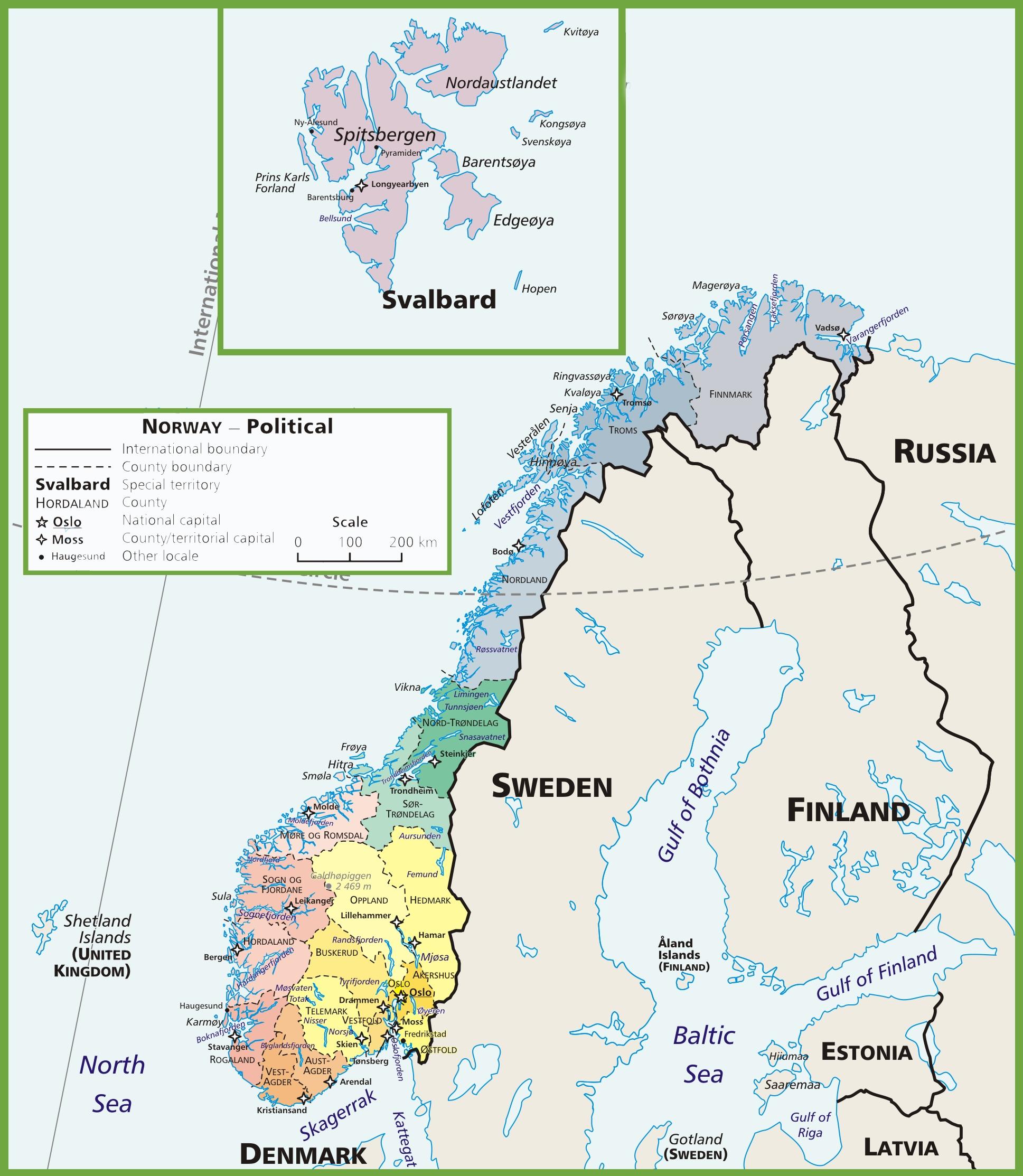 Norjassa poliittinen kartta - Kartta Norjan poliittinen (Pohjois-Eurooppa -  Eurooppa)