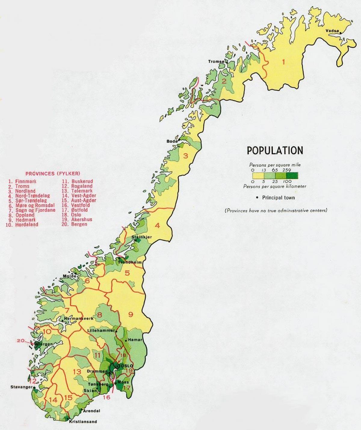 Norja asukastiheys kartta - Norjassa väestön kartta (Pohjois-Eurooppa -  Eurooppa)