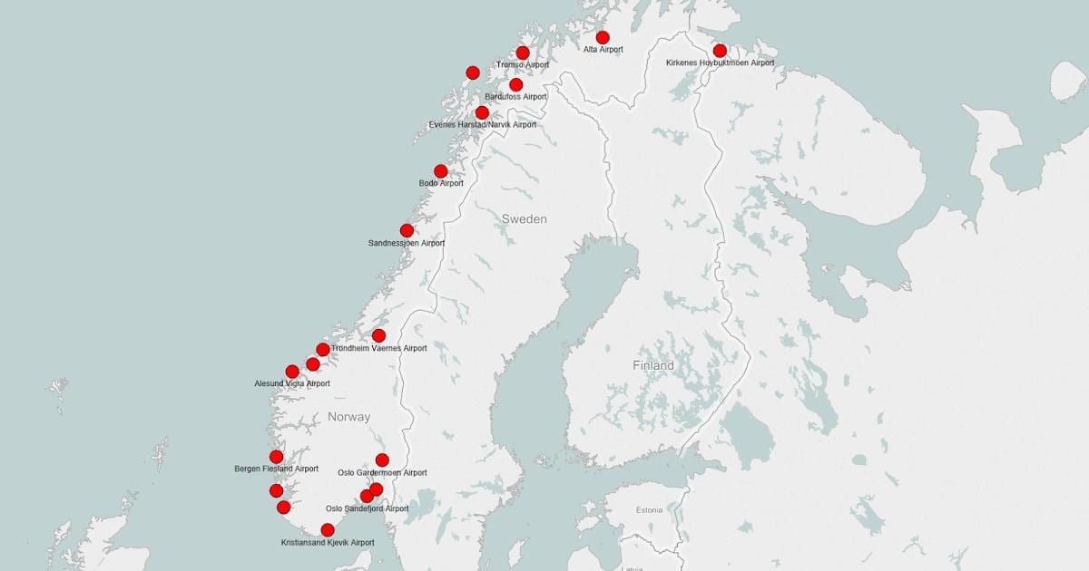 Kartta Norjan lentoasemat
