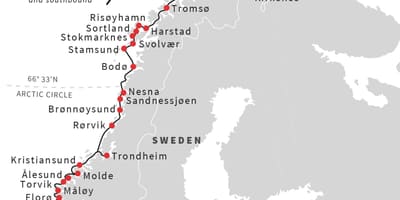 Kartta Norjan satamiin